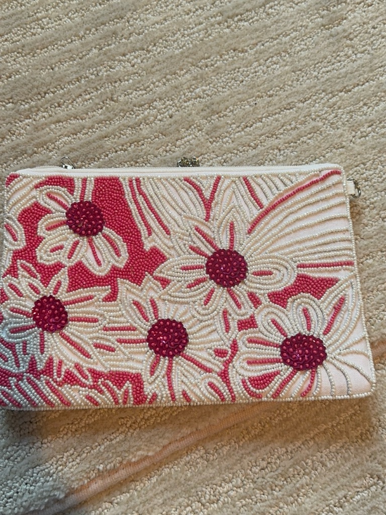 Hand-Beaded Floral Clutch In Pink And White. New , Never Used